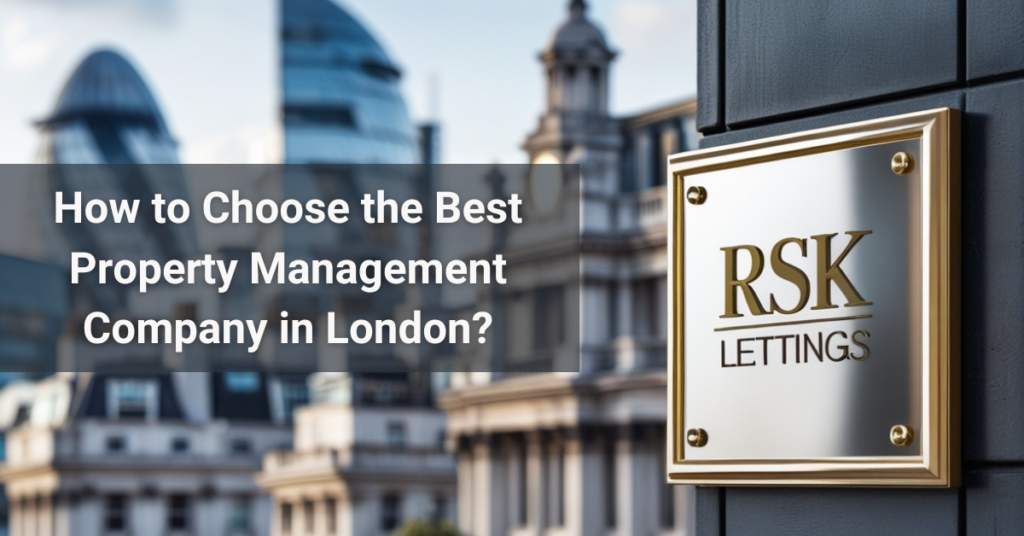 Professional office desk with property management documents titled 'How to Choose the Best Property Management Company in London' by RSK Lettings.