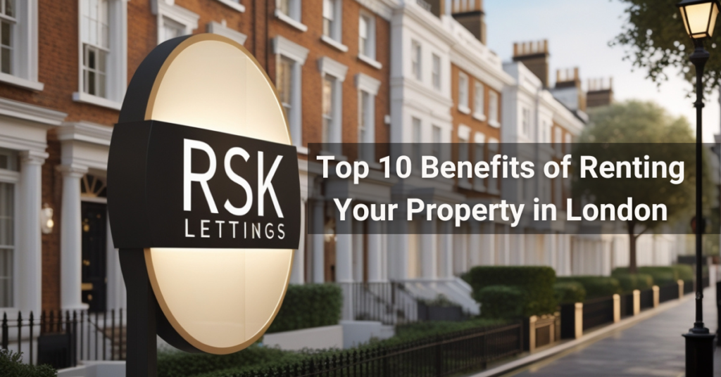 Modern London property with a rental benefits document titled 'Top 10 Benefits of Renting Your Property' by RSK Lettings.