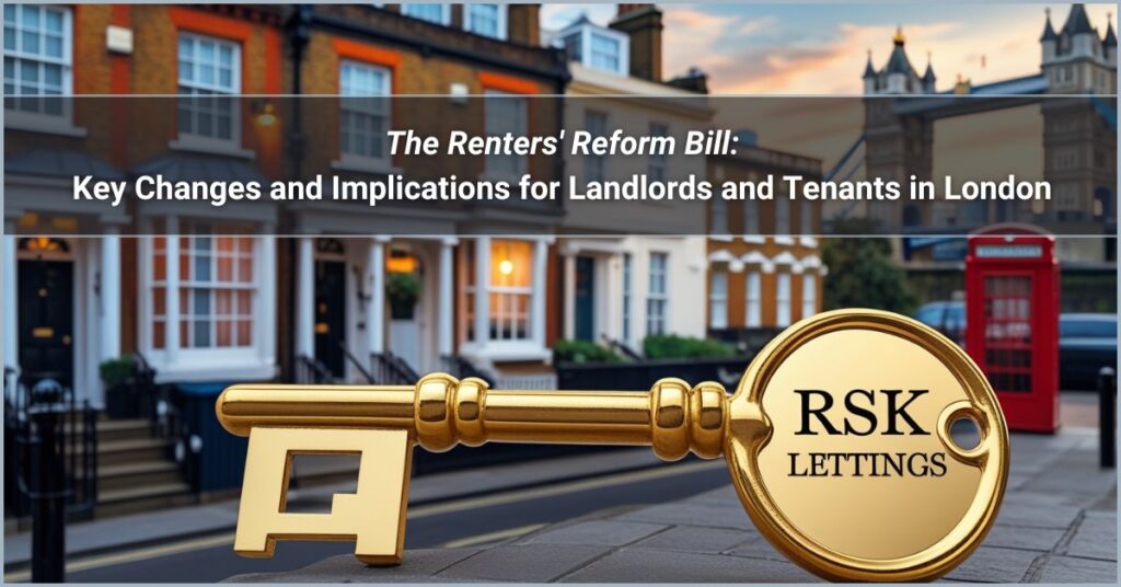 A charming small London townhouse with classic British architecture, a golden key engraved with 'RSK Lettings' in the foreground, and iconic London elements like Tower Bridge subtly visible in the background.