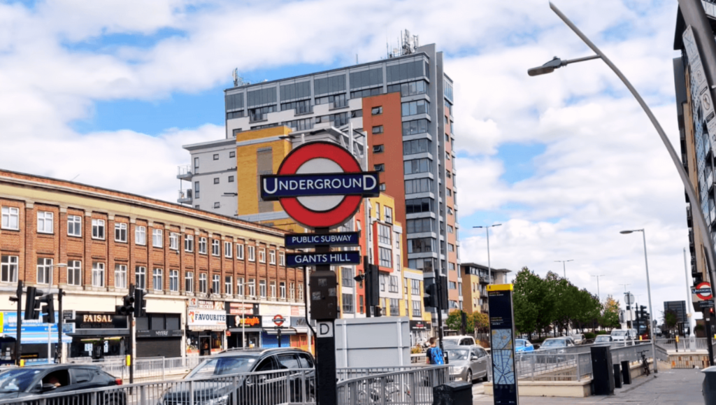 Gants Hill Underground station with a Central Line train arriving, showcasing excellent connectivity to Central London.