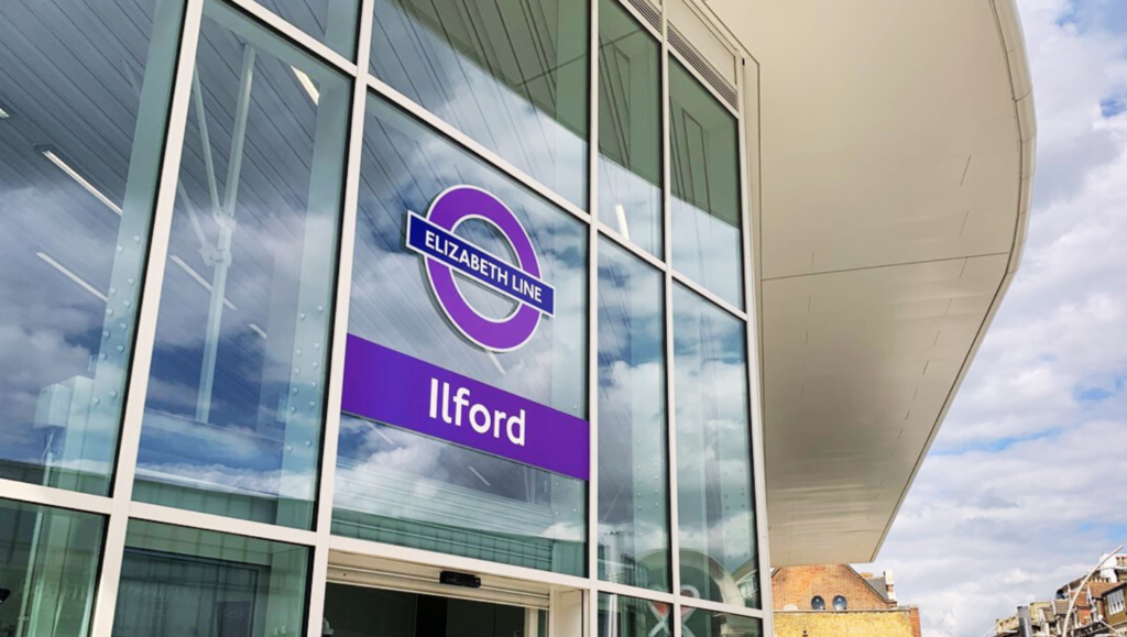 Ilford Crossrail station in East London, featuring modern architecture.