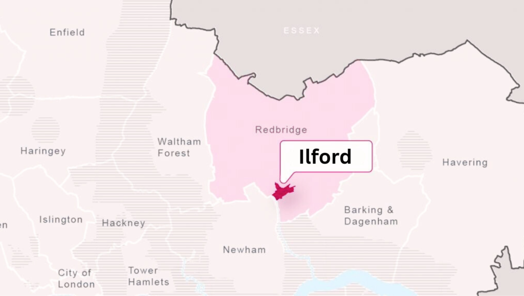 Map of Ilford within the Redbridge borough of East London, highlighting its proximity to Central London.