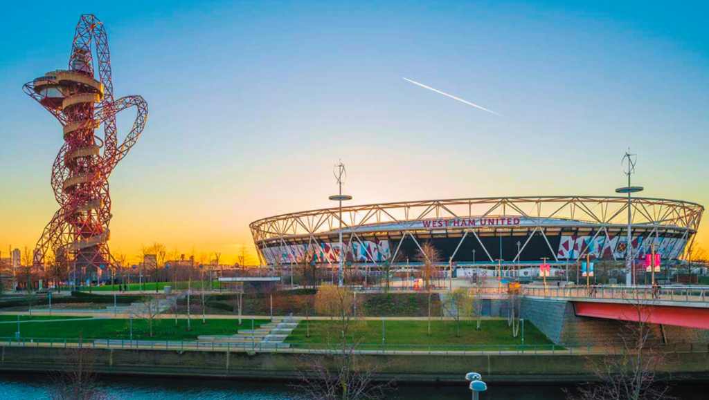 ArcelorMittal Orbit and Queen Elizabeth Olympic Park in Stratford, London, showcasing modern urban development.