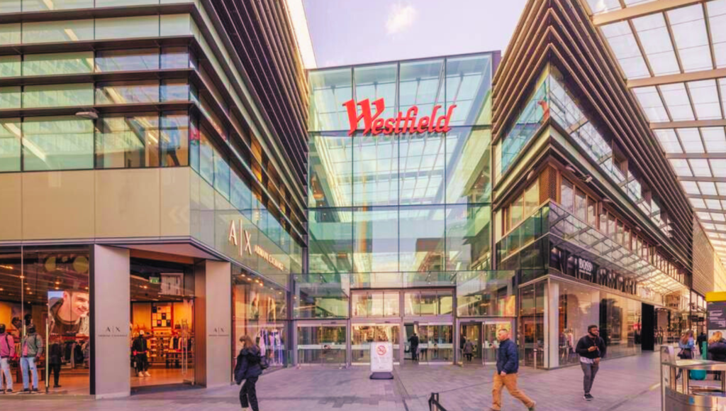 Westfield Stratford City shopping centre in Stratford, London, featuring high-end stores and restaurants.