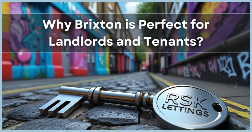 A vibrant street scene in Brixton, South London, with colorful murals and a lively atmosphere.