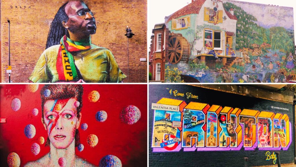 Colorful murals and street art in Brixton, South London.