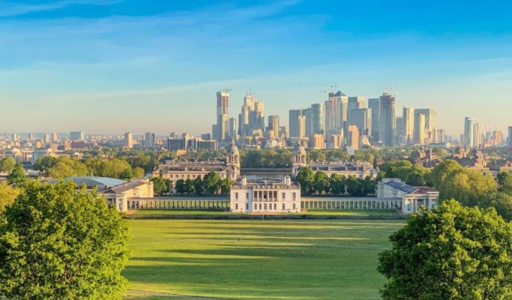 Greenwich skyline with historic landmarks.
