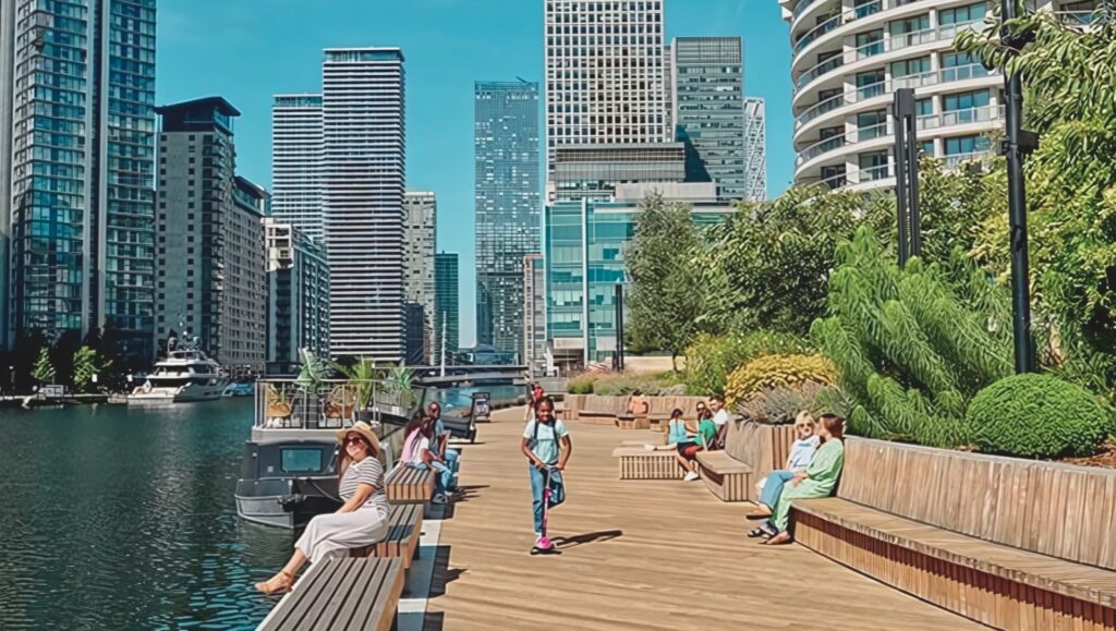Professionals walking near Canary Wharf offices.