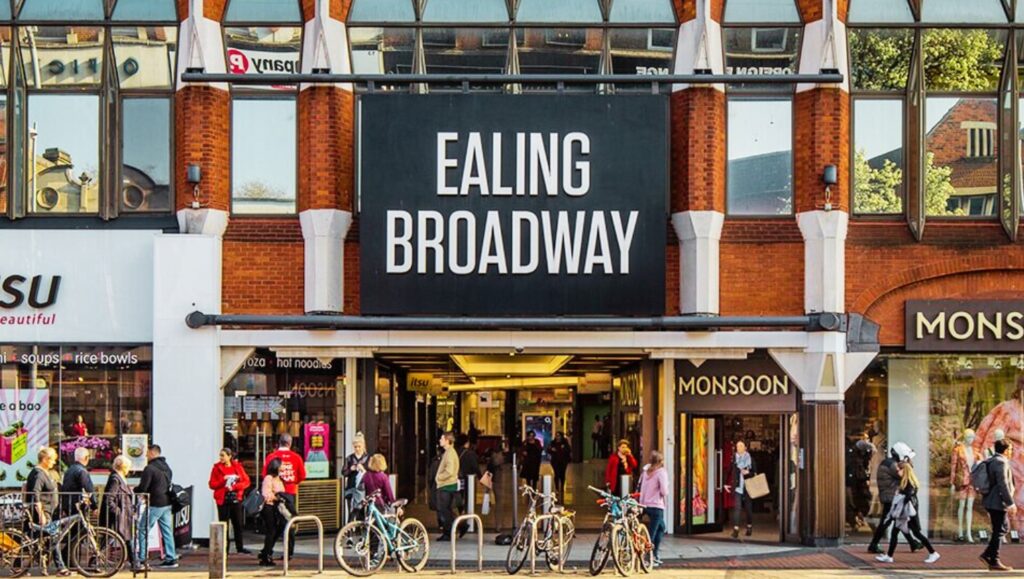 Ealing Broadway in London, a lively hub of shopping, dining, and community events.