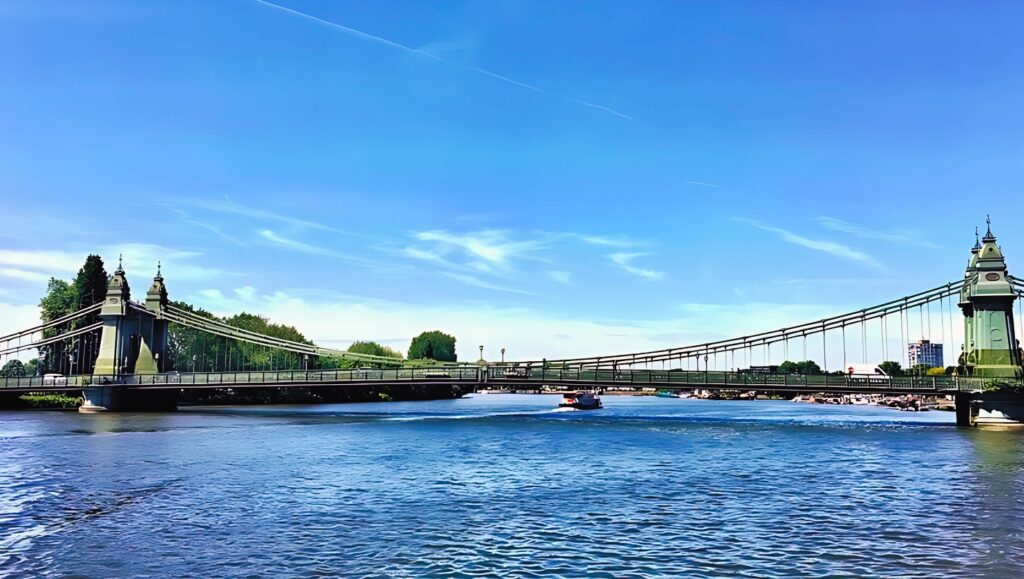 Scenic view of Hammersmith Bridge over the Thames River in London.