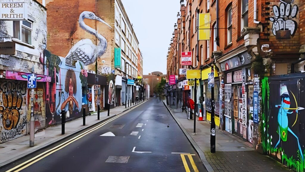 Vibrant street in Shoreditch, London, showcasing creativity and urban charm.