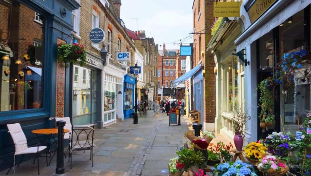 Tree-lined streets and period houses in Hampstead, showcasing its prestigious location.