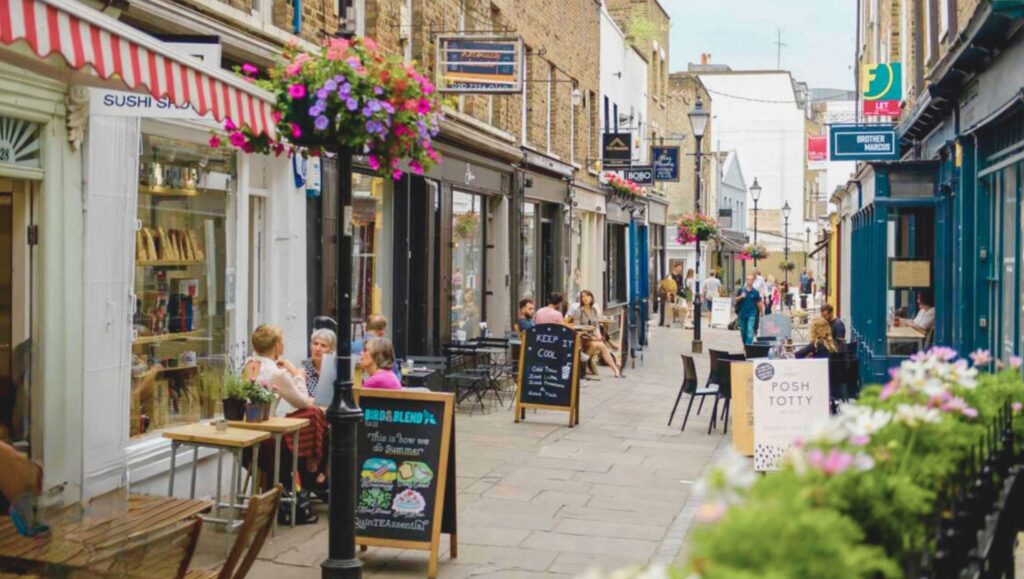 Islington’s vibrant streets with shops, cafes, and restaurants, showcasing its lively community and tenant appeal.