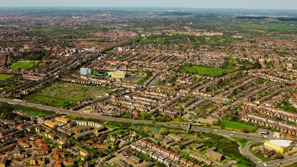 Aerial view of Finchley North London residential properties showing prime location for property investment and lettings